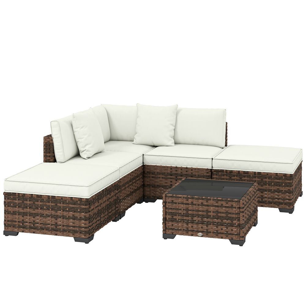 Outsunny conjunto de jardín de ratán de 6 piezas, conjunto terraza resistente, muebles jardín exterior incluye cojines, 4 módulos de asiento, 1 sofá