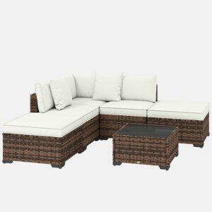 Outsunny Conjunto de Jardim em Rattan de 6 Peças, Conjunto de Terraço Resistente, Móveis de Jardim Exterior com Almofadas Incluídas, 4 Módulos de Assento, 1 Sofá de Canto e Mesa de Centro em Vidro, Castanho Misturado