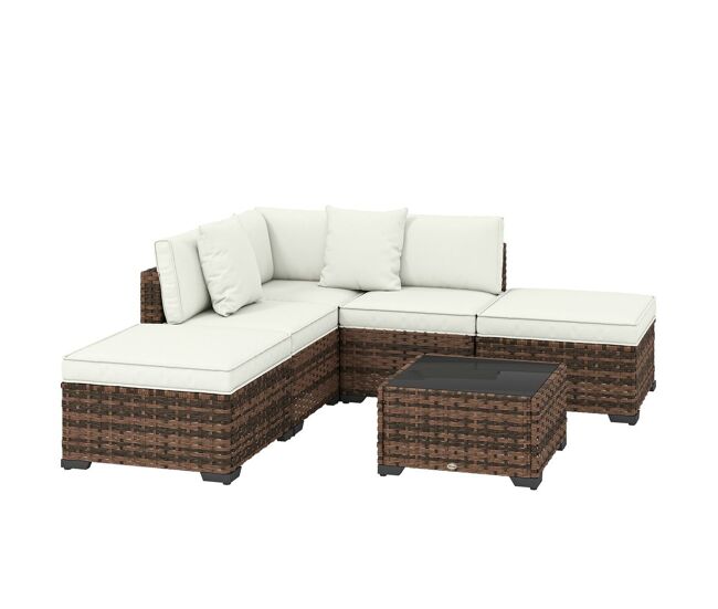 Outsunny conjunto de jardín de ratán de 6 piezas, conjunto terraza resistente, muebles jardín exterior incluye cojines, 4 módulos de asiento, 1 sofá