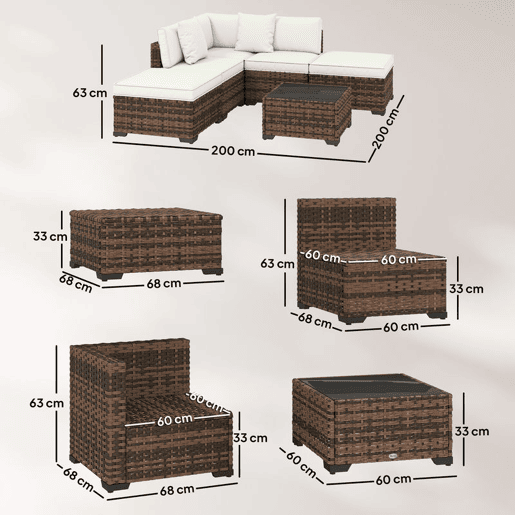 Outsunny Conjunto de Jardim em Rattan de 6 Peças, Conjunto de Terraço Resistente, Móveis de Jardim Exterior com Almofadas Incluídas, 4 Módulos de Assento, 1 Sofá de Canto e Mesa de Centro em Vidro, Castanho Misturado