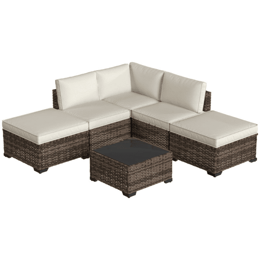 Outsunny Conjunto de Jardim em Rattan de 6 Peças, Conjunto de Terraço Resistente, Móveis de Jardim Exterior com Almofadas Incluídas, 4 Módulos de Assento, 1 Sofá de Canto e Mesa de Centro em Vidro, Castanho Misturado