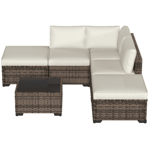 Outsunny Conjunto de Jardim em Rattan de 6 Peças, Conjunto de Terraço Resistente, Móveis de Jardim Exterior com Almofadas Incluídas, 4 Módulos de Assento, 1 Sofá de Canto e Mesa de Centro em Vidro, Castanho Misturado