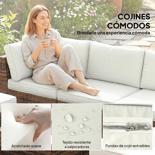Outsunny Conjunto de Jardim em Rattan de 6 Peças, Conjunto de Terraço Resistente, Móveis de Jardim Exterior com Almofadas Incluídas, 4 Módulos de Assento, 1 Sofá de Canto e Mesa de Centro em Vidro, Castanho Misturado