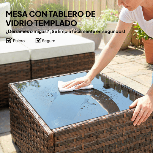 Outsunny Conjunto de Jardim em Rattan de 6 Peças, Conjunto de Terraço Resistente, Móveis de Jardim Exterior com Almofadas Incluídas, 4 Módulos de Assento, 1 Sofá de Canto e Mesa de Centro em Vidro, Castanho Misturado