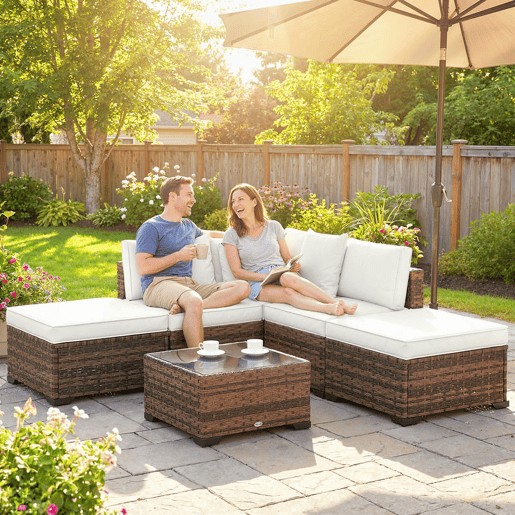 Outsunny Conjunto de Jardim em Rattan de 6 Peças, Conjunto de Terraço Resistente, Móveis de Jardim Exterior com Almofadas Incluídas, 4 Módulos de Assento, 1 Sofá de Canto e Mesa de Centro em Vidro, Castanho Misturado