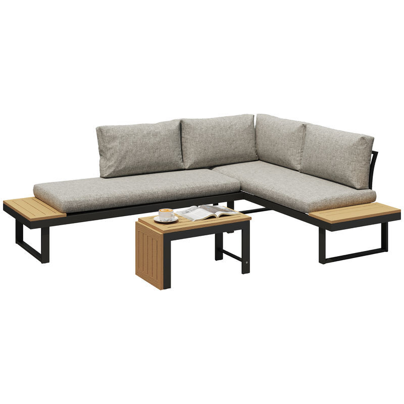 Outsunny conjunto de jardín exterior de 3 piezas, muebles jardín exterior con 2 sofás de 2 plazas y mesa de centro versátil, conjunto de sofá exterior con estructura de aluminio y cojines, gris claro