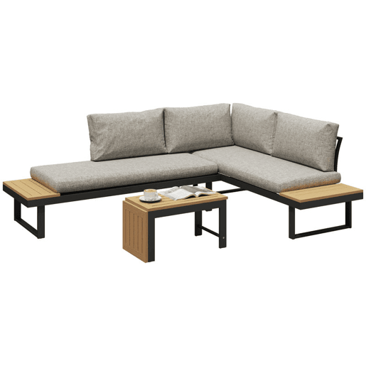 Outsunny Conjunto de Jardim Exterior de 3 Peças, Sofá Exterior Seccional Resistente com 2 Sofás de 2 Lugares e Mesa de Centro Versátil, Estrutura de Alumínio e Almofadas, Cinzento Claro