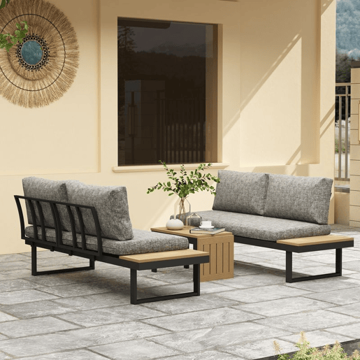 Outsunny Conjunto de Jardim Exterior de 3 Peças, Sofá Exterior Seccional Resistente com 2 Sofás de 2 Lugares e Mesa de Centro Versátil, Estrutura de Alumínio e Almofadas, Cinzento Claro
