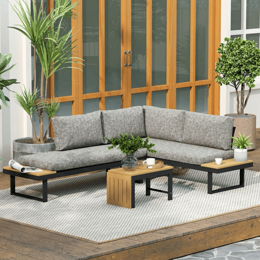 Outsunny Conjunto de Jardim Exterior de 3 Peças, Sofá Exterior Seccional Resistente com 2 Sofás de 2 Lugares e Mesa de Centro Versátil, Estrutura de Alumínio e Almofadas, Cinzento Claro