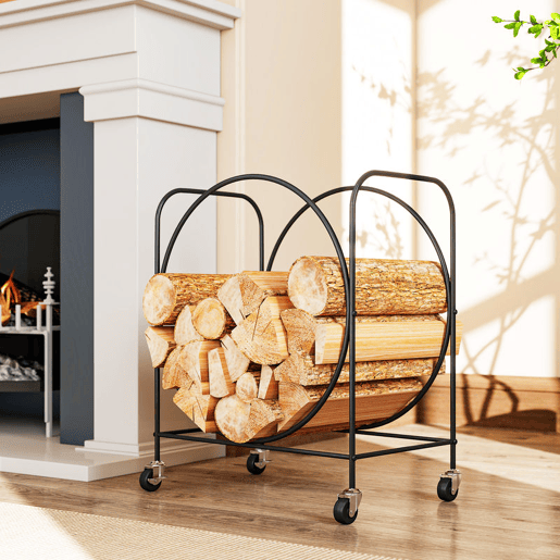 Outsunny Suporte para Lenha de Metal com Rodas 51x30x60 cm Suporte Exterior e Interior Suporte para Lenha de Lareira Armazenamento para Madeira Preto