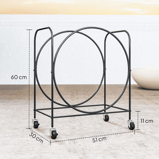 Outsunny Suporte para Lenha de Metal com Rodas 51x30x60 cm Suporte Exterior e Interior Suporte para Lenha de Lareira Armazenamento para Madeira Preto
