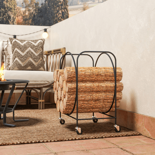 Outsunny Suporte para Lenha de Metal com Rodas 51x30x60 cm Suporte Exterior e Interior Suporte para Lenha de Lareira Armazenamento para Madeira Preto