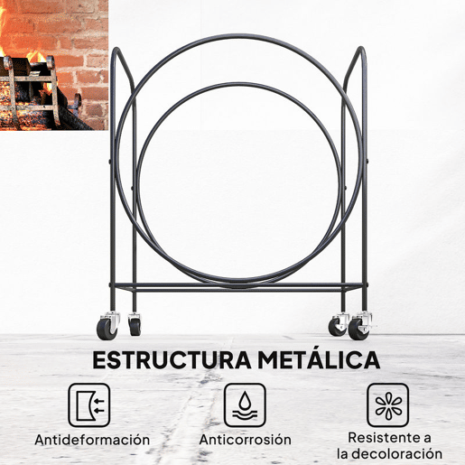 Outsunny Suporte para Lenha de Metal com Rodas 51x30x60 cm Suporte Exterior e Interior Suporte para Lenha de Lareira Armazenamento para Madeira Preto