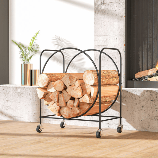 Outsunny Suporte para Lenha de Metal com Rodas 51x30x60 cm Suporte Exterior e Interior Suporte para Lenha de Lareira Armazenamento para Madeira Preto