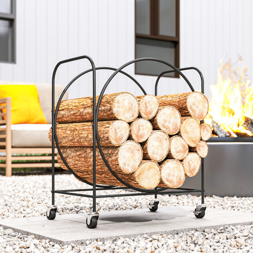 Outsunny Suporte para Lenha de Metal com Rodas 51x30x60 cm Suporte Exterior e Interior Suporte para Lenha de Lareira Armazenamento para Madeira Preto
