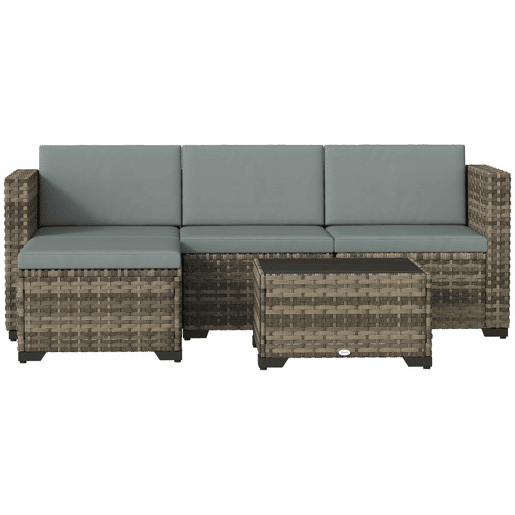 Outsunny Conjunto de Jardim em Vime de 5 Peças Conjunto para Terraço Resistente Móveis de Jardim Exterior Inclui Almofadas 2 Poltronas de Canto Poltrona sem Braços Apoia-Pés e Mesa de Centro Cinza Claro