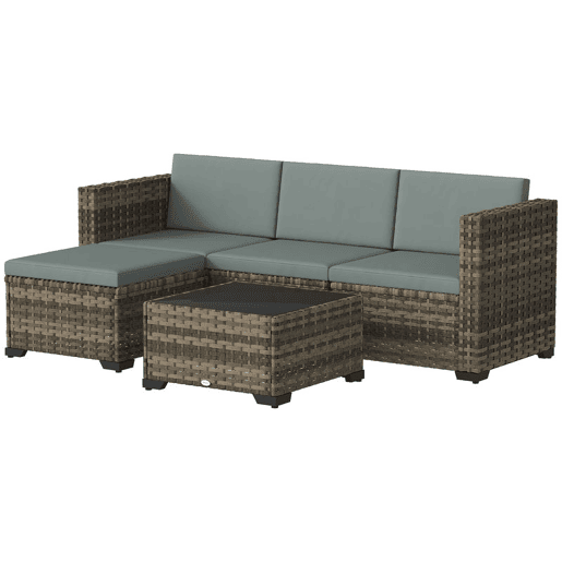 Outsunny Conjunto de Jardim em Vime de 5 Peças Conjunto para Terraço Resistente Móveis de Jardim Exterior Inclui Almofadas 2 Poltronas de Canto Poltrona sem Braços Apoia-Pés e Mesa de Centro Cinza Claro