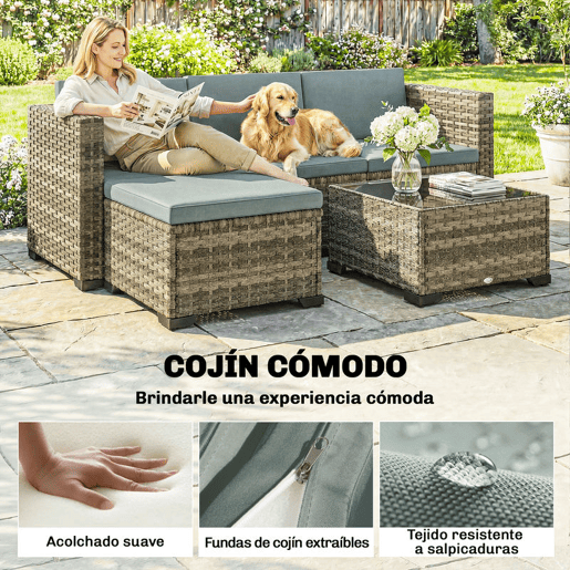Outsunny Conjunto de Jardim em Vime de 5 Peças Conjunto para Terraço Resistente Móveis de Jardim Exterior Inclui Almofadas 2 Poltronas de Canto Poltrona sem Braços Apoia-Pés e Mesa de Centro Cinza Claro