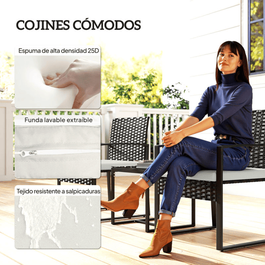 Outsunny Conjunto de Móveis de Exterior de 3 Peças Conjunto de Jardim em Vime PE com Cadeiras Mesa de Vidro Temperado e Almofadas Móveis para Balcão Marrom Escuro e Creme