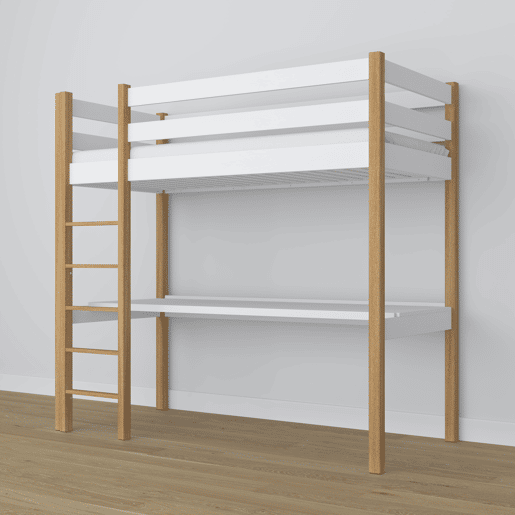 Cama alta de madeira com secretária N05 branco e carvalho