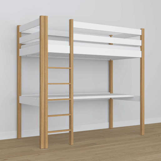 Cama alta de madeira com secretária N05 branco e carvalho