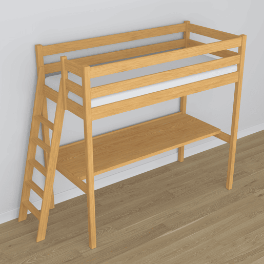 Cama alta de madeira com secretária N02 pinho natural