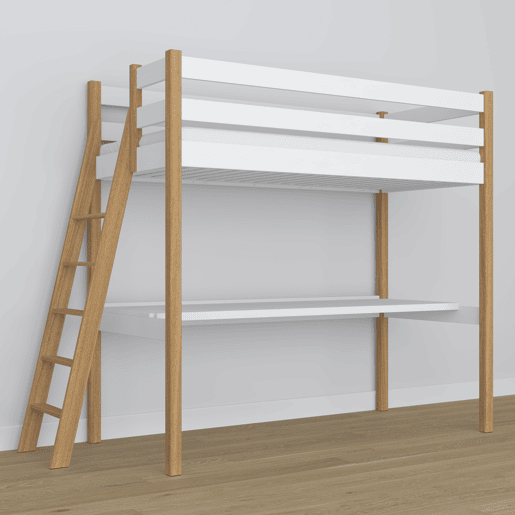 Cama alta de madeira com secretária N02 branco e carvalho