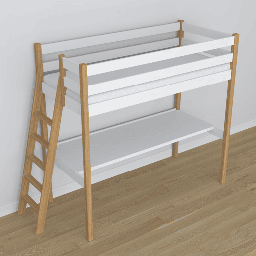 Cama alta de madeira com secretária N02 branco e carvalho