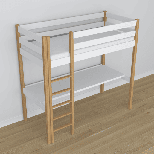 Cama alta de madeira com secretária N05 branco e carvalho