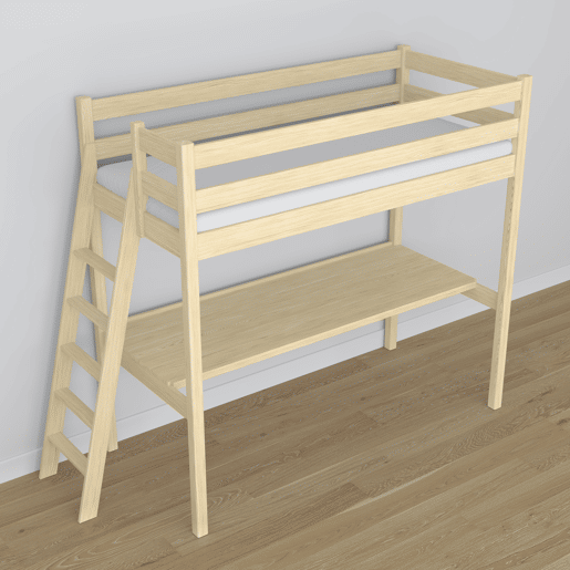 Cama alta de madeira com secretária N02 pinho incolor