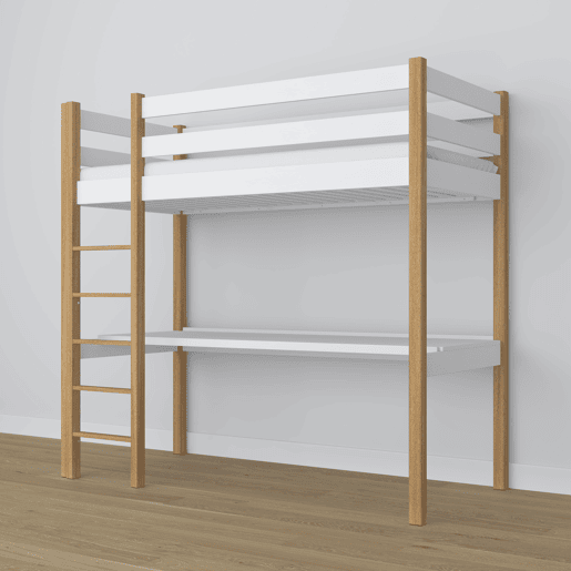 Cama alta de madeira com secretária N05 branco e carvalho