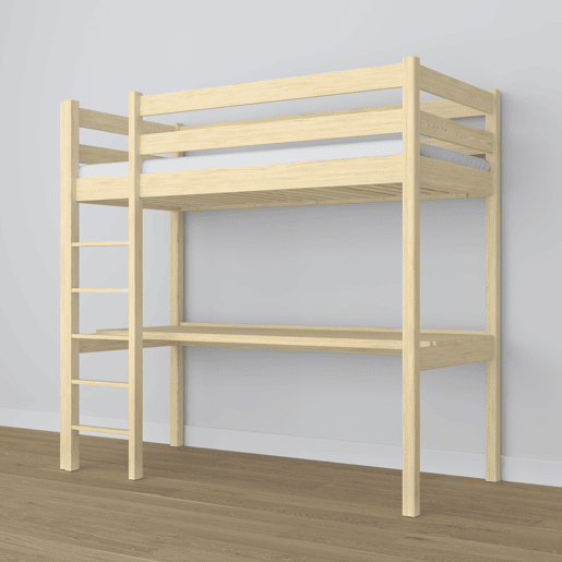 Cama alta de madeira com secretária N05 pinho incolor