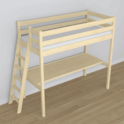Cama alta de madeira com secretária N02 pinho incolor
