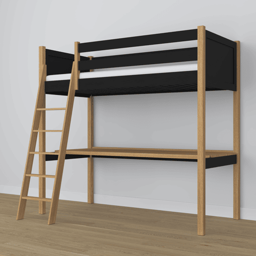 Cama alta de madeira com secretária N04 preto e carvalho