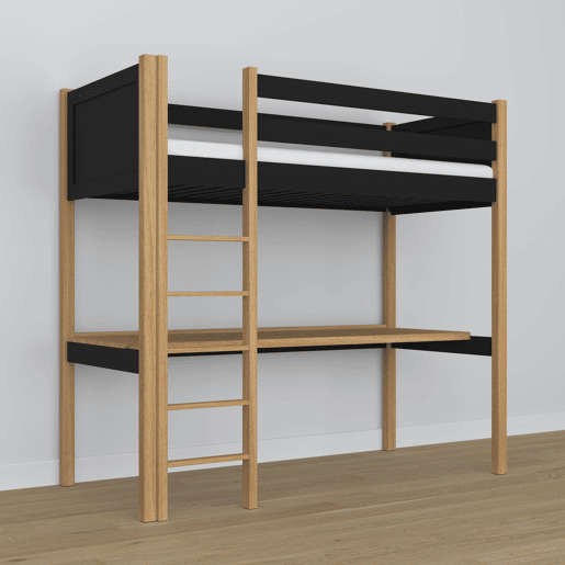 Cama alta de madeira com secretária N06 preto e carvalho
