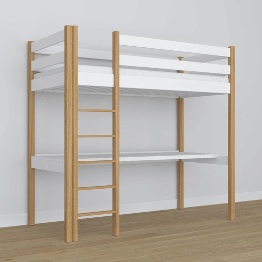 Cama alta de madeira com secretária N05 branco e carvalho