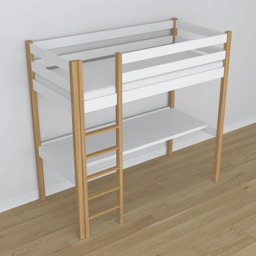 Cama alta de madeira com secretária N05 branco e carvalho