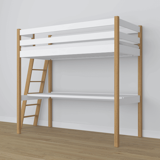 Cama alta de madeira com secretária N02 branco e carvalho