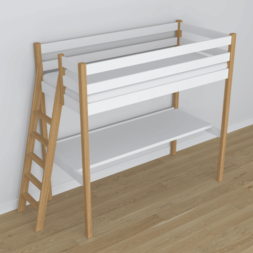 Cama alta de madeira com secretária N02 branco e carvalho