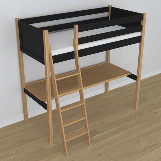Cama alta de madeira com secretária N04 preto e carvalho