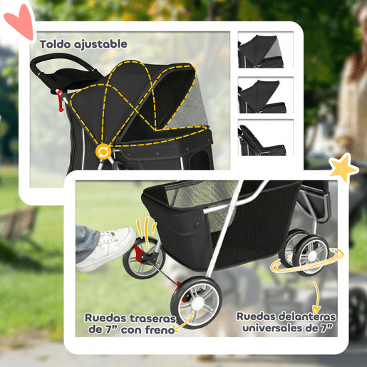 PawHut Carrinho para Cães Dobrável Carrinho para Cães Pequenos com Cesto de Armazenamento Janelas de Rede Porta-Copos e Rodas Suporta até 10 kg 77x44x102 cm Preto