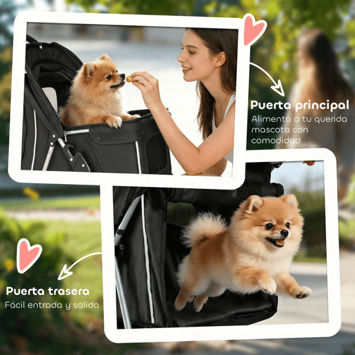 PawHut Carrinho para Cães Dobrável Carrinho para Cães Pequenos com Cesto de Armazenamento Janelas de Rede Porta-Copos e Rodas Suporta até 10 kg 77x44x102 cm Preto