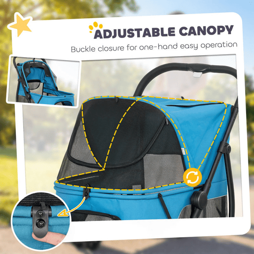 PawHut Carrinho para Cães Dobrável, Carrinho para Cães Médios com 3 Rodas, Janelas de Rede, Almofada Lavável, Bolso, Correias de Segurança, Travões, Todo o Terreno, Carga 20 kg, 92x63x95 cm, Azul