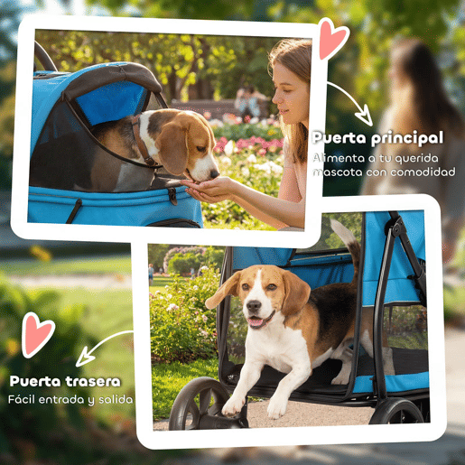 PawHut Carrinho para Cães Dobrável, Carrinho para Cães Médios com 3 Rodas, Janelas de Rede, Almofada Lavável, Bolso, Correias de Segurança, Travões, Todo o Terreno, Carga 20 kg, 92x63x95 cm, Azul
