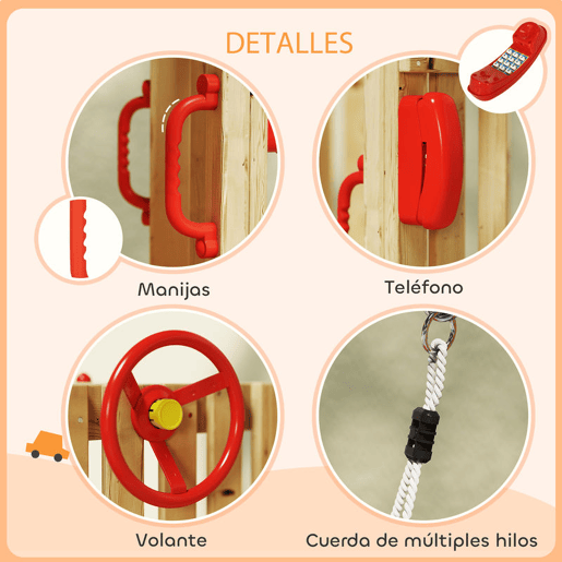 Outsunny Baloiço e Escorrega Infantil Exterior 5 em 1 Parque Infantil de Madeira com Baloiço Escorrega Volante Buzina Telefone para Crianças de 18-48 Meses para Jardim Relvado Vermelho
