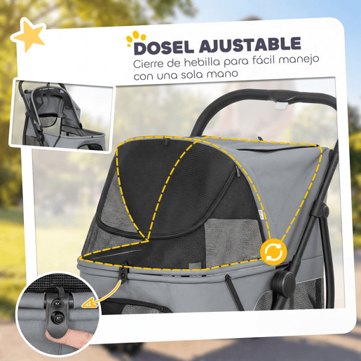 PawHut Carrinho para Cães Dobrável, Carrinho para Cães Médios com 3 Rodas, Janelas de Rede, Almofada Lavável, Bolso, Correias de Segurança, Travões, Todo-o-Terreno, Carga 20 kg, 92x63x95 cm, Cinzento