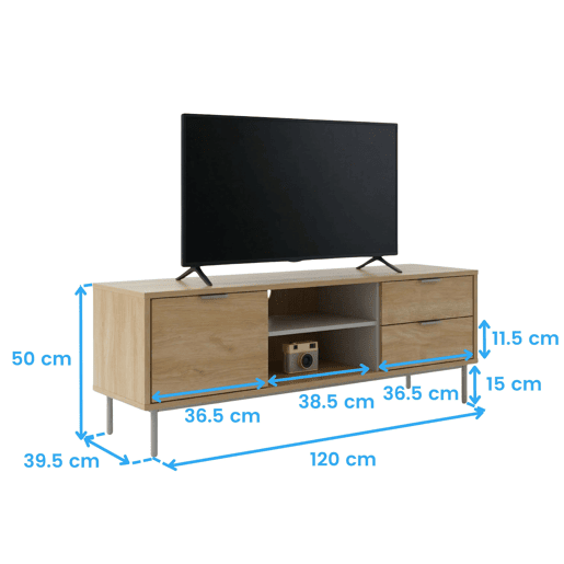 Móvel para TV Sforza com 2 gavetas, carvalho natural, 120 cm (largura) para TV de 50 polegadas, sala de estarjantar.