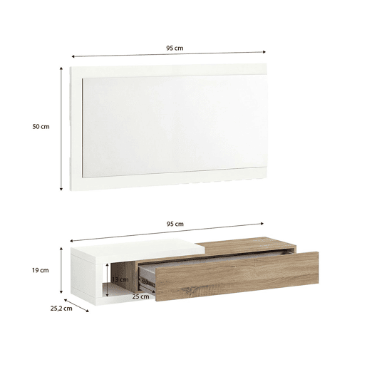 Armário de corredor Derek com espelho Artik White (Branco mate) - Carvalho canadiano 95 x 19 x 26 cm