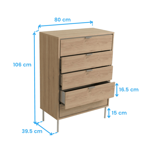 Cômoda Sforza com 5 gavetas para quarto, pés em carvalho natural, 120x75x40 cm Cômoda Sforza com 5 gavetas para quarto, pés em carvalho natural, 120x75x40 cm