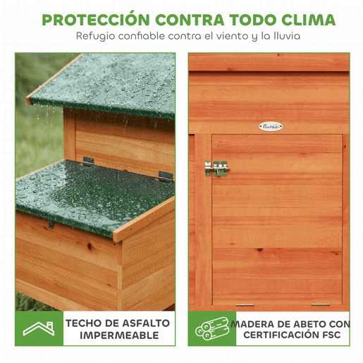 PawHut Galinheiro para Exterior de Madeira, 113,5x67,5x95,5 cm, Galinheiro com Ninho, Bandeja Removível, Telhado Impermeável, Janela Deslizante, Rampa e Poleiros, Jaula para 2 Galinhas ou Coelhos, Laranja